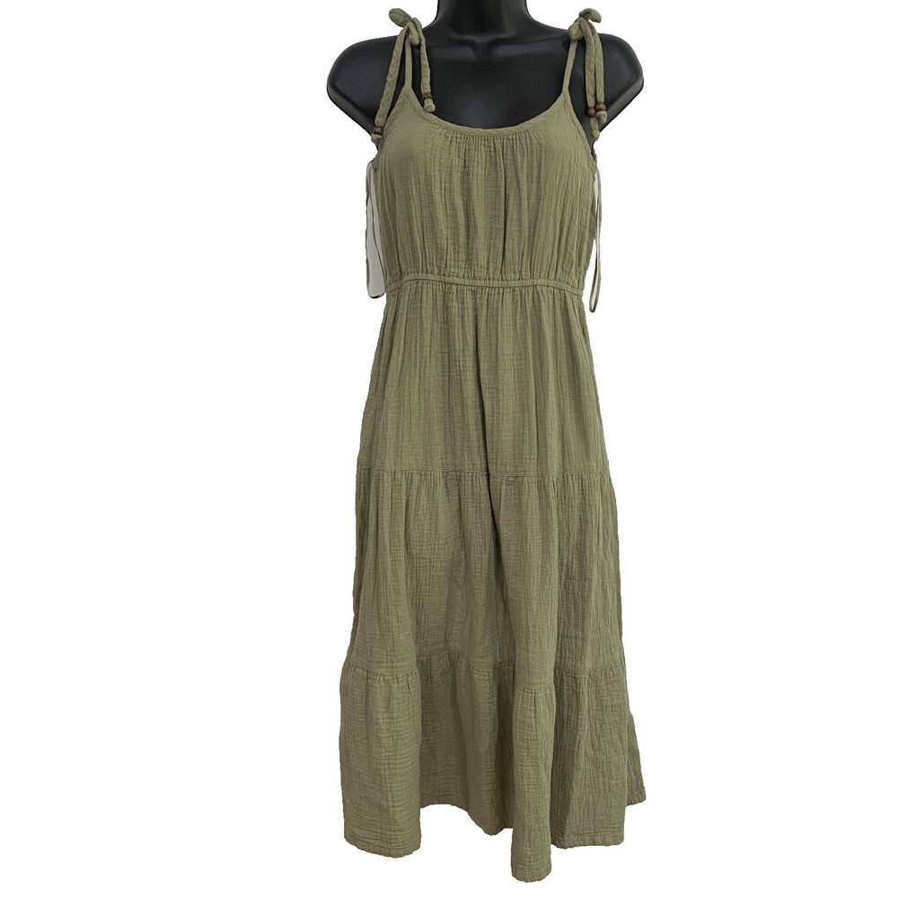 Lucky Brand Size XS Tiered Boho Midi Dress Gauze Beachy Coastal Wooden Beads